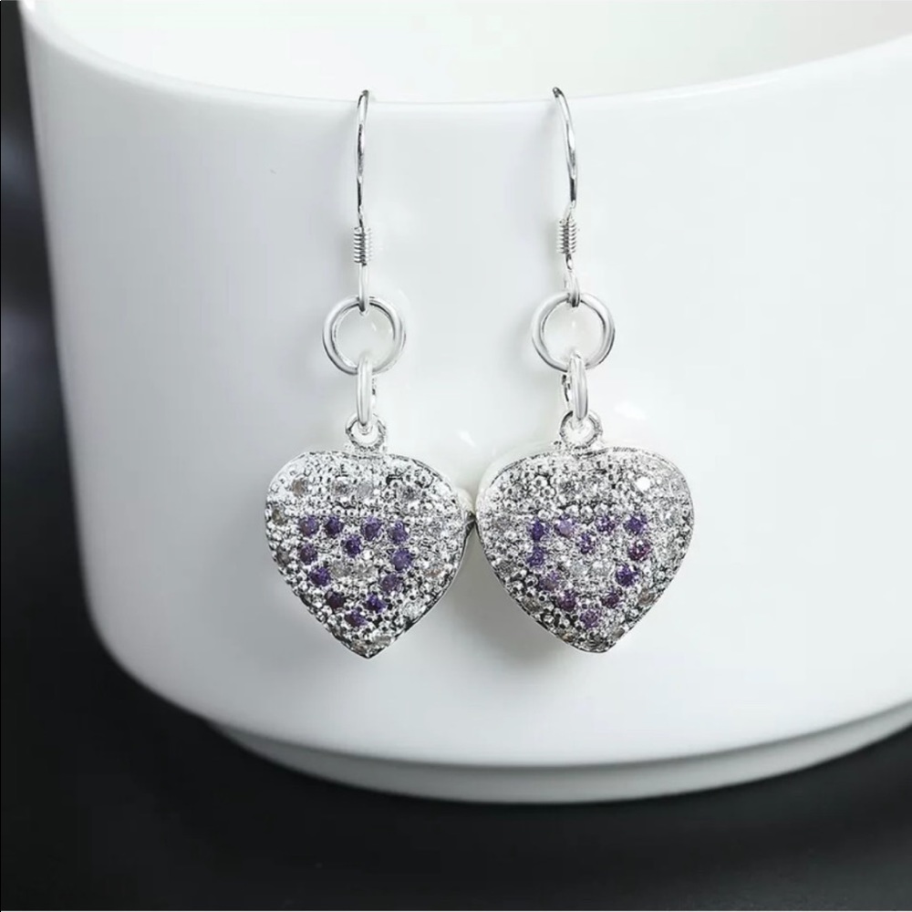 Sterling Silver Heart Amethyst Crystal Earrings NEW - Picture 6 of 6